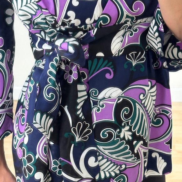 EUC Tibi Silk Paisley Navy & Purple Tie Front Tunic Top 3/4 Sleeve Sz Small - Picture 6 of 13